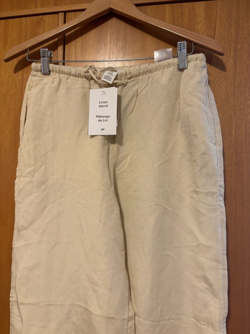 Woman light Linen Blend Drawstring Pants — Cream/light yellow . Wide leg